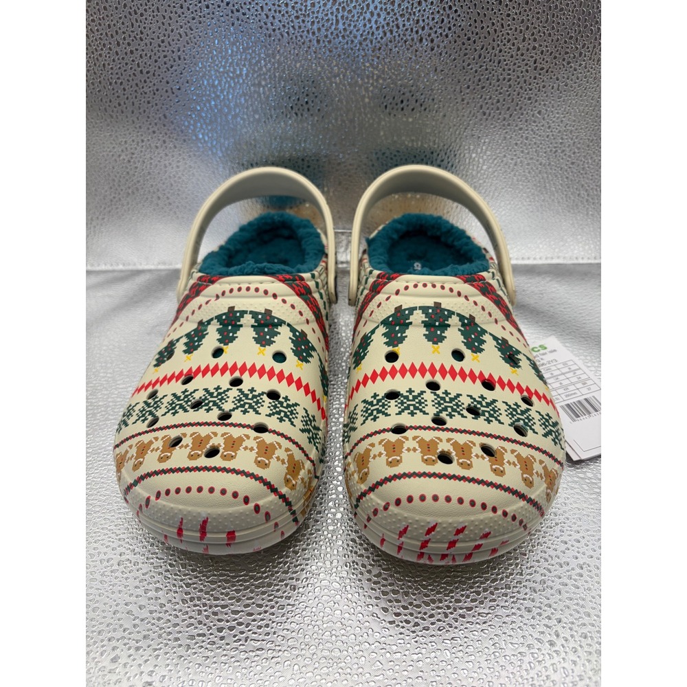 Crocs Kids Festive Pattern Lined Clogs in Cream and Teal